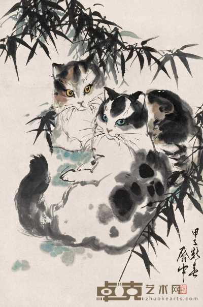 伍启中 甲子（1984）年作 双猫图 立轴 67.5×45cm